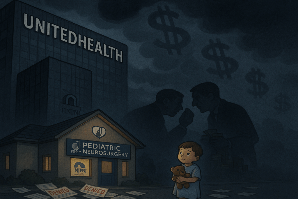 Editorial illustration showing a sad child holding a teddy bear outside a pediatric neurosurgery clinic NJPNI surrounded by insurance denial papers, overshadowed by a towering UnitedHealth building symbolizing corporate greed in healthcare.